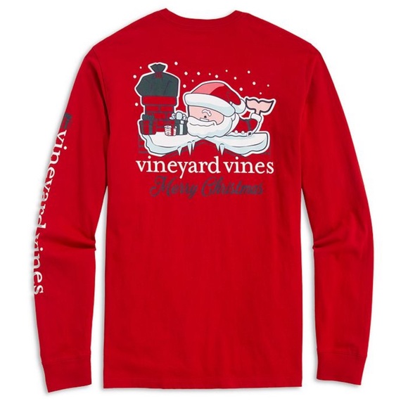 NWT Vineyard Vines Santa Whale Christmas Red Long Sleeve Graphic Pocket Tee - Picture 2 of 10